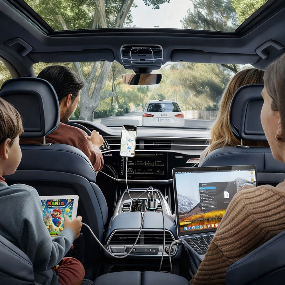 Bilader med USB-C-kabel Lisen, 170W, 5A, 1 x USB-A - 2 x USB-C, Svart YL0225060006