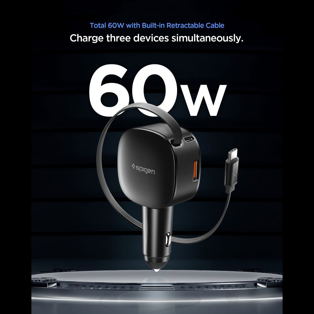 Bilader med USB-C-kabel Spigen EV603BT Essential, 60W, 3A, 1 x USB-A - 1 x USB-C, Svart