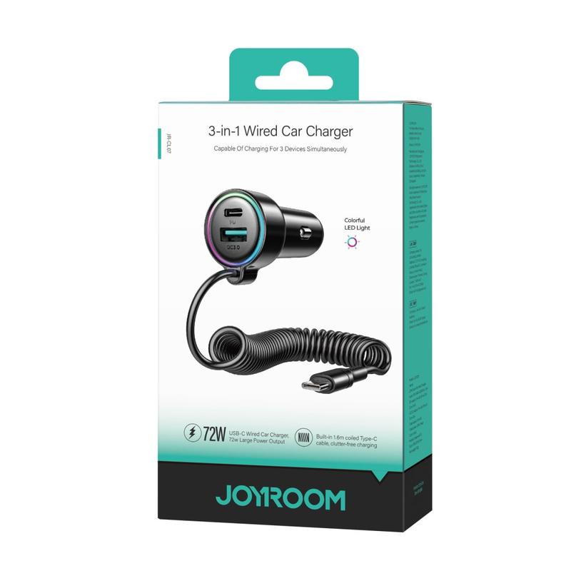 Bilader med USB-C kabel Joyroom JR-CL07, 90W, 3A, 1 x USB-A - 1 x USB-C, Svart