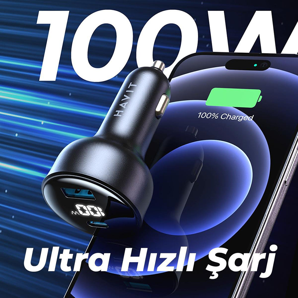 HAVIT CC100W Display billader, 100W, 5A, 1 x USB-A - 1 x USB-C, Svart