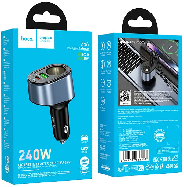 Bilader HOCO Z56, 35W, 3A, 1 x USB-A - 1 x USB-C - 1 x Sigarettennerforlenger, Svart