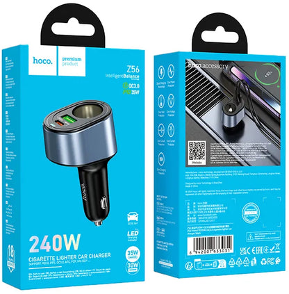 Bilader HOCO Z56, 35W, 3A, 1 x USB-A - 1 x USB-C - 1 x Sigarettennerforlenger, Svart