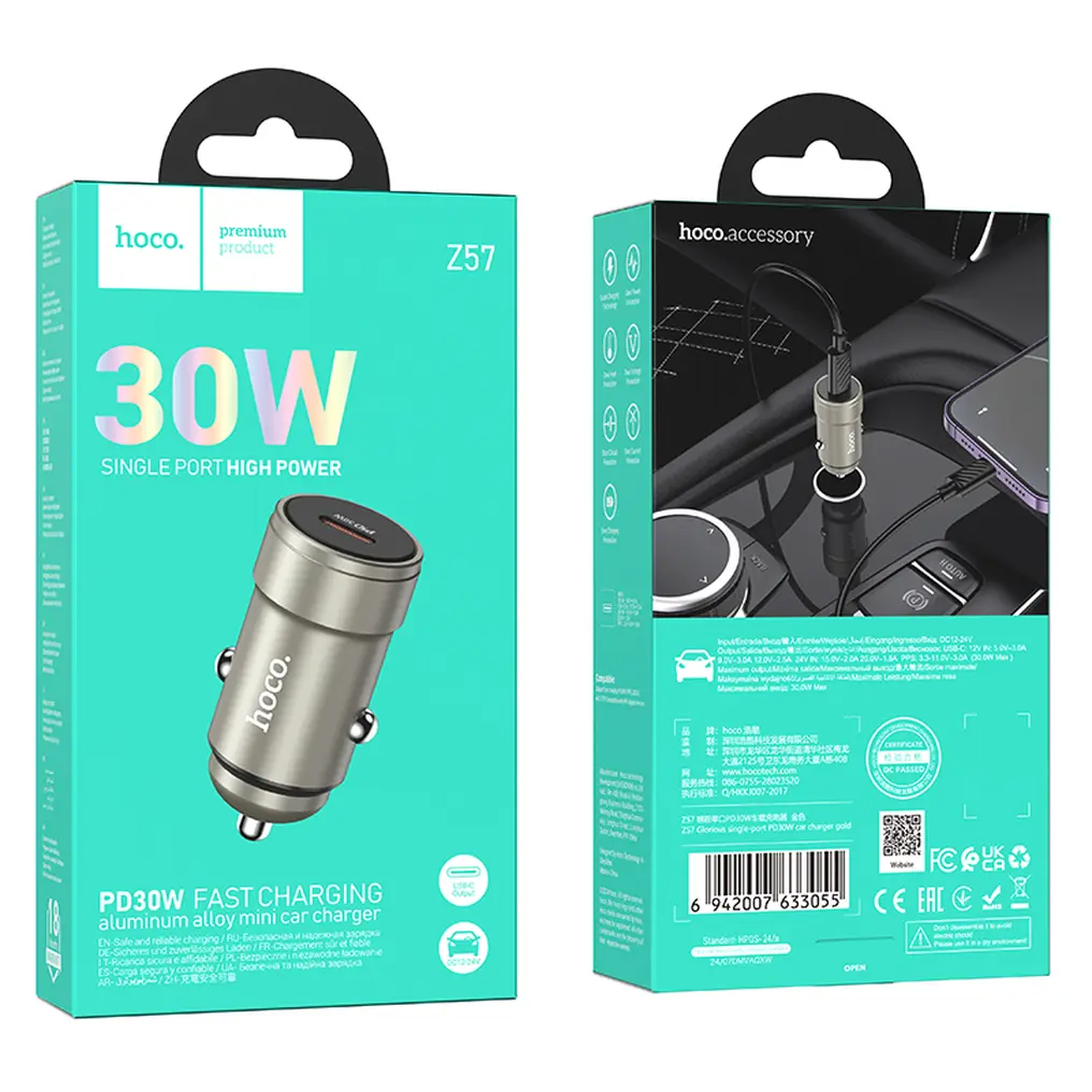 Biloplader HOCO Z57, 30W, 3A, 1 x USB-C, Grå