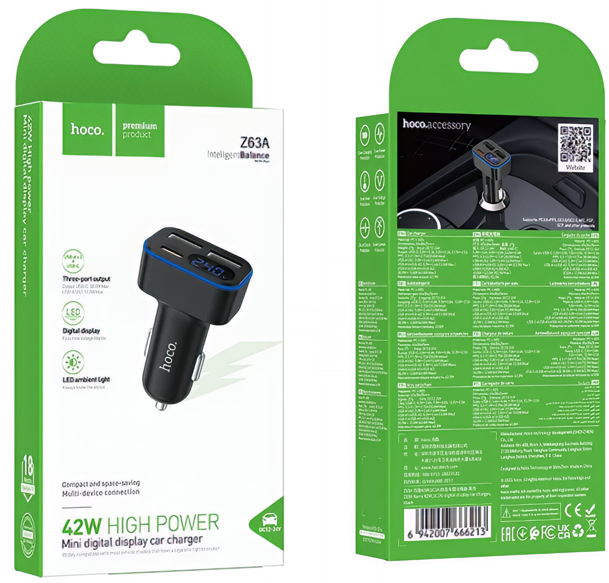 Bilader HOCO Z63A Display, 42W, 3A, 1 x USB-C - 2 x USB-A, Svart