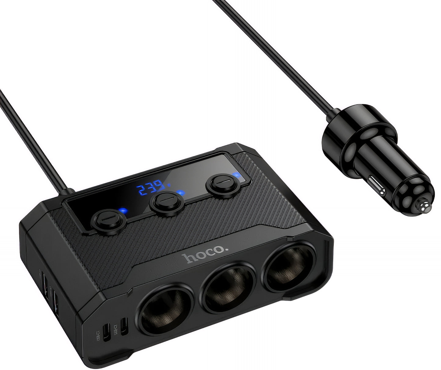 Bilader HOCO Z64, 15.5W, 3.1A, 2 x USB-A - 2 x USB-C - 3 x Sigarettennerforlenger, Svart