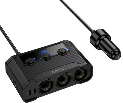 Bilader HOCO Z64, 15.5W, 3.1A, 2 x USB-A - 2 x USB-C - 3 x Sigarettennerforlenger, Svart