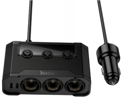 Bilader HOCO Z64, 15.5W, 3.1A, 2 x USB-A - 2 x USB-C - 3 x Sigarettennerforlenger, Svart