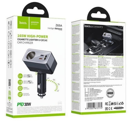 Biloplader HOCO Z65A, 165W, 3A, 1 x Sigarettennerutvidelse - 1 x USB-A - 2 x USB-C, Svart