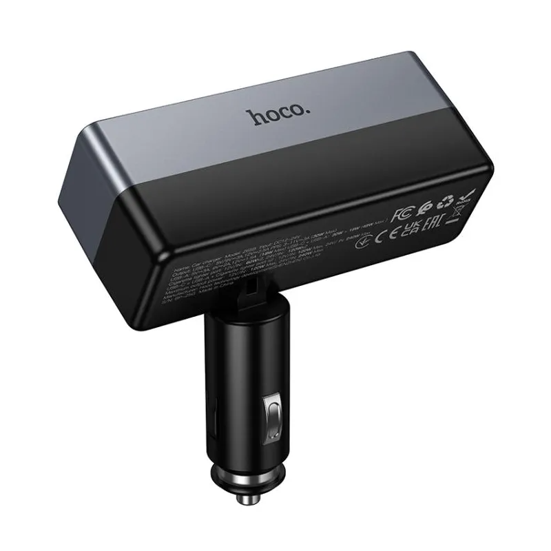 Biloplader HOCO Z65B, 240W, 1 x USB-A - 1 x USB-C - 2 x Sigarettennerutvidelse, Svart