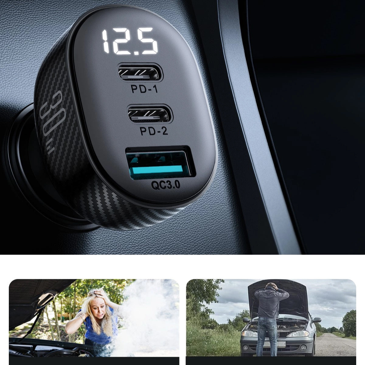 Bilader Joyroom JR-CCD04, 30W, 3A, 1 x USB-A - 2 x USB-C, Svart