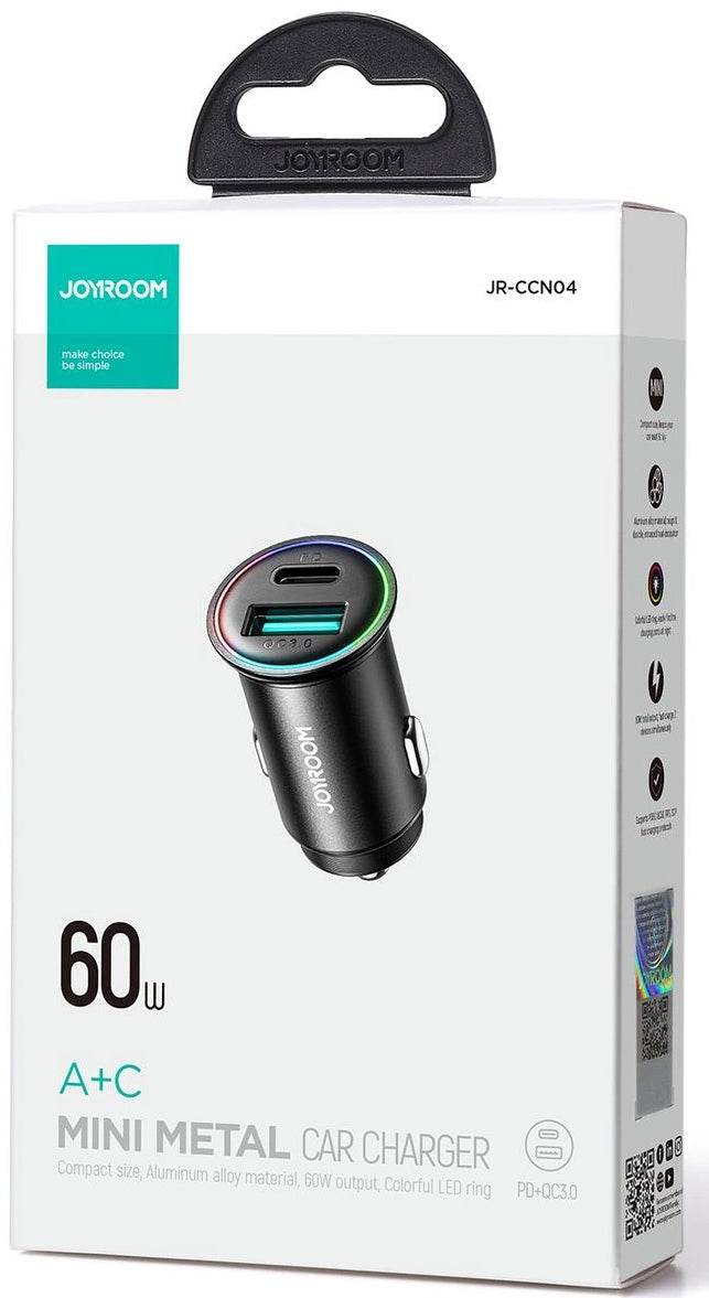 Bilader Joyroom JR-CCN04, 60W, 3A, 1 x USB-A - 1 x USB-C, Svart