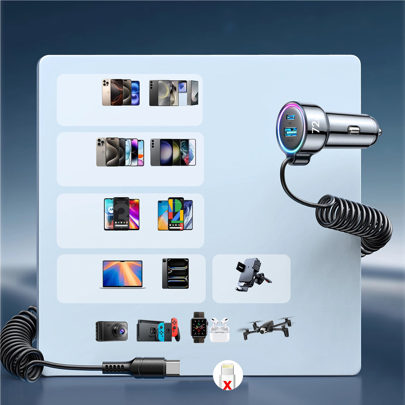 Bilader med USB-C-ledning Joyroom JR-CL07, 72W, 3A, 1 x USB-A - 1 x USB-C, Svart