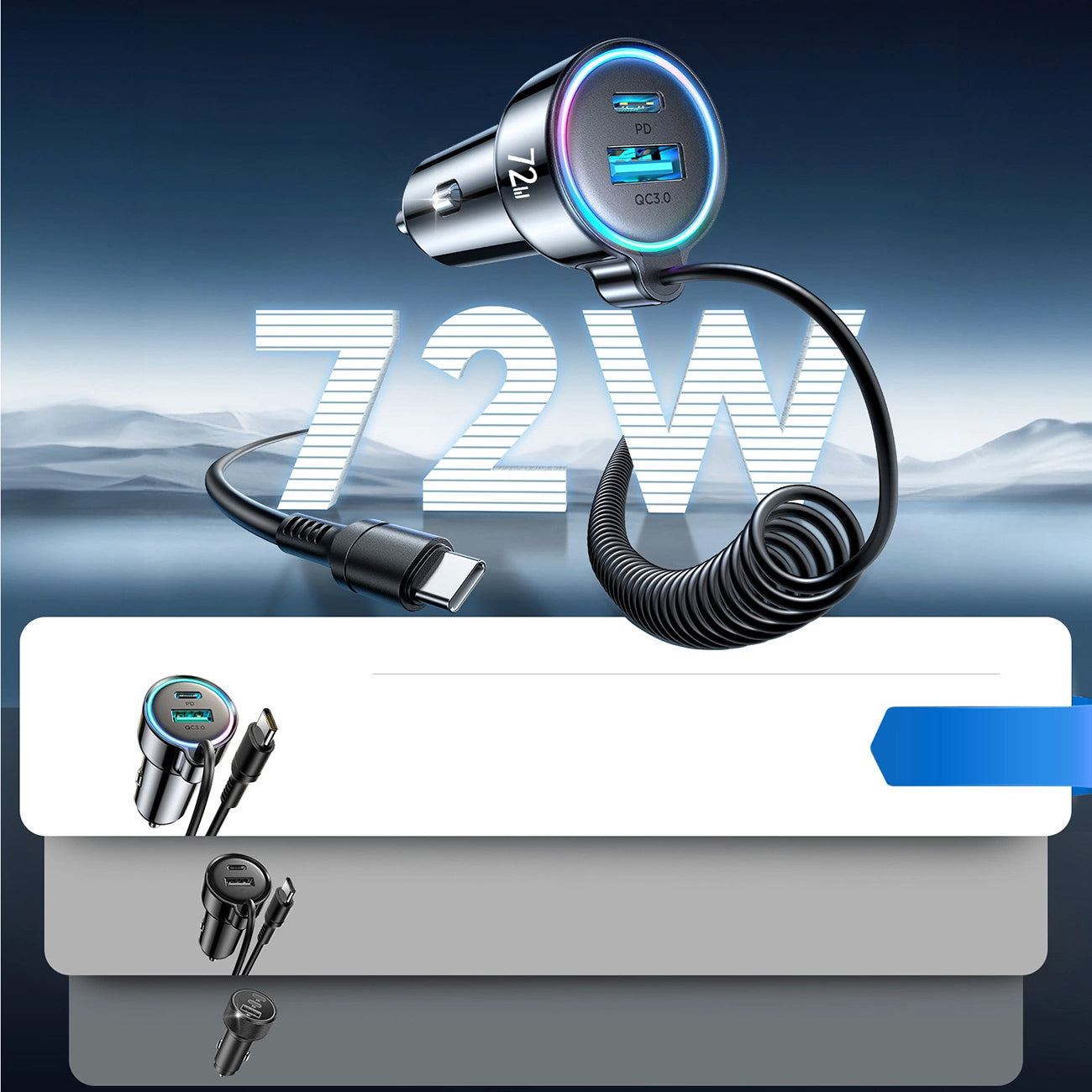 Bilader med USB-C-ledning Joyroom JR-CL07, 72W, 3A, 1 x USB-A - 1 x USB-C, Svart
