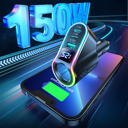 Bilader Joyroom JR-CL21, 150W, 3A, 1 x Sigarettennerforlenger - 1 x USB-A - 2 x USB-C, Svart
