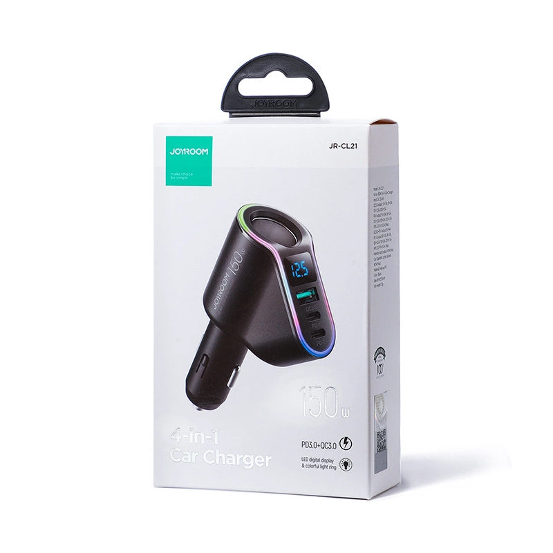 Bilader Joyroom JR-CL21, 150W, 3A, 1 x Sigarettennerforlenger - 1 x USB-A - 2 x USB-C, Svart