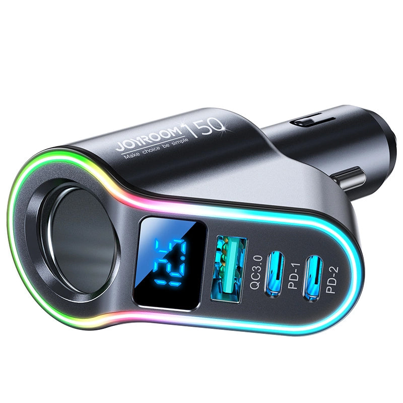 Bilader Joyroom JR-CL21, 150W, 3A, 1 x Sigarettennerforlenger - 1 x USB-A - 2 x USB-C, Svart