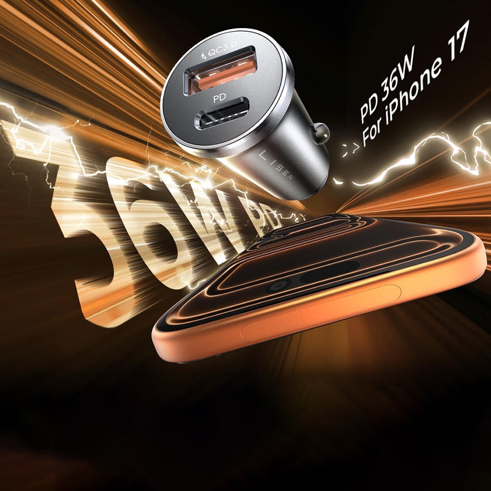 Lisen Bil Lader, 36W, 3A, 1 x USB-A - 1 x USB-C, Svart YL0223090002