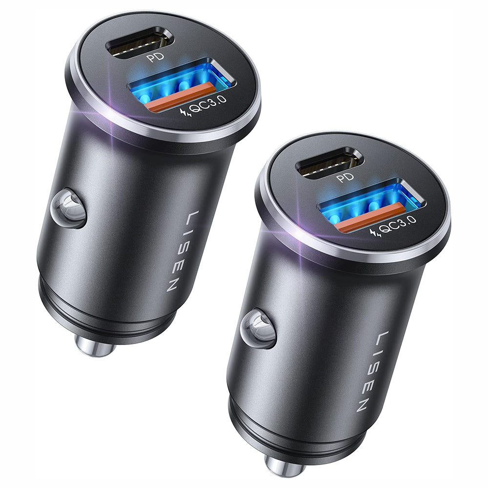 Lisen Bil Lader, 36W, 3A, 1 x USB-A - 1 x USB-C, Sett med 2 stykker, Svart YL0223080038