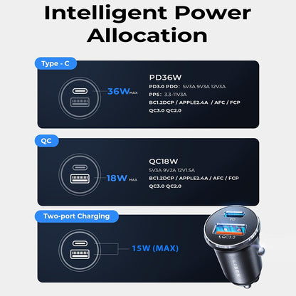 Lisen Bil Lader, 36W, 3A, 1 x USB-A - 1 x USB-C, Sett med 2 stykker, Svart YL0223080038