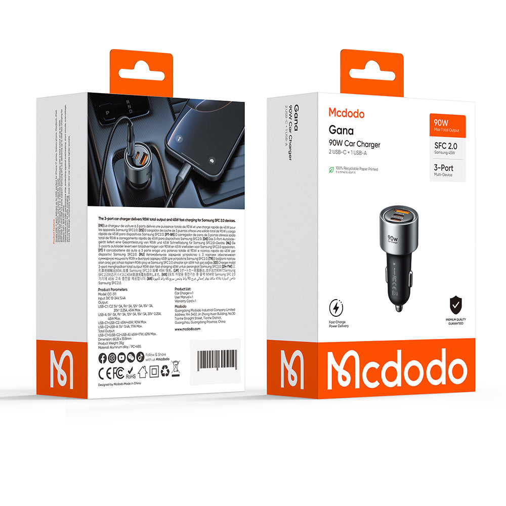 McDodo CC-3110 Gana billader, 90W, 3A, 1 x USB-A - 2 x USB-C, svart