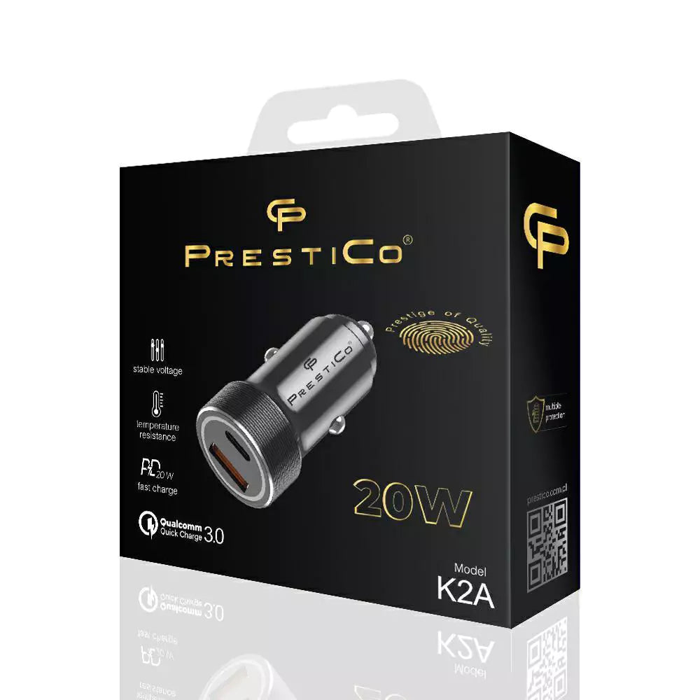 Bilader Prestico K2A, 20W, 3A, 1 x USB-A - 1 x USB-C, Svart