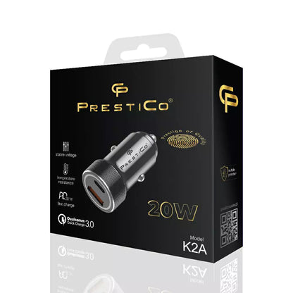 Bilader Prestico K2A, 20W, 3A, 1 x USB-A - 1 x USB-C, Svart