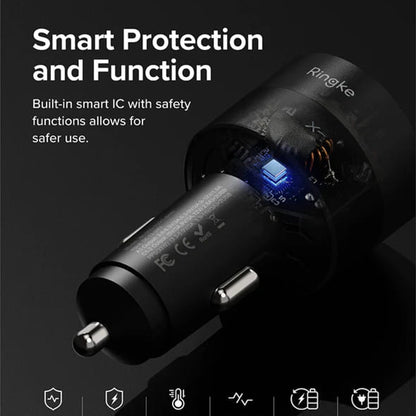 Ringke bil-lader, 30W, 3A, 1 x USB-A - 2 x USB-C, Svart