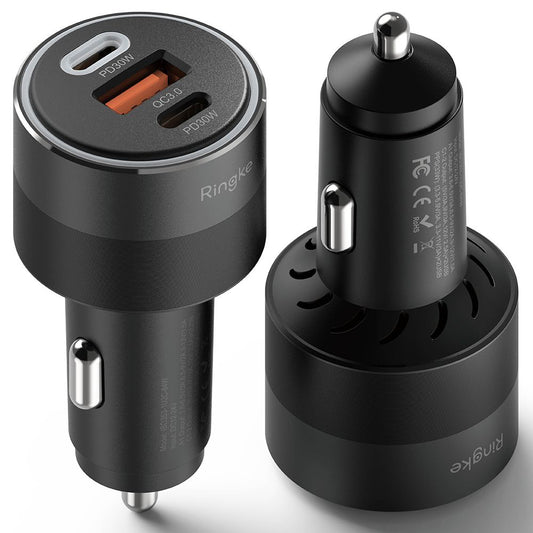 Ringke bil-lader, 30W, 3A, 1 x USB-A - 2 x USB-C, Svart