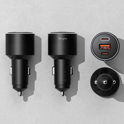 Ringke bil-lader, 30W, 3A, 1 x USB-A - 2 x USB-C, Svart