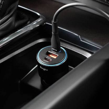 Ringke bil-lader, 30W, 3A, 1 x USB-A - 2 x USB-C, Svart