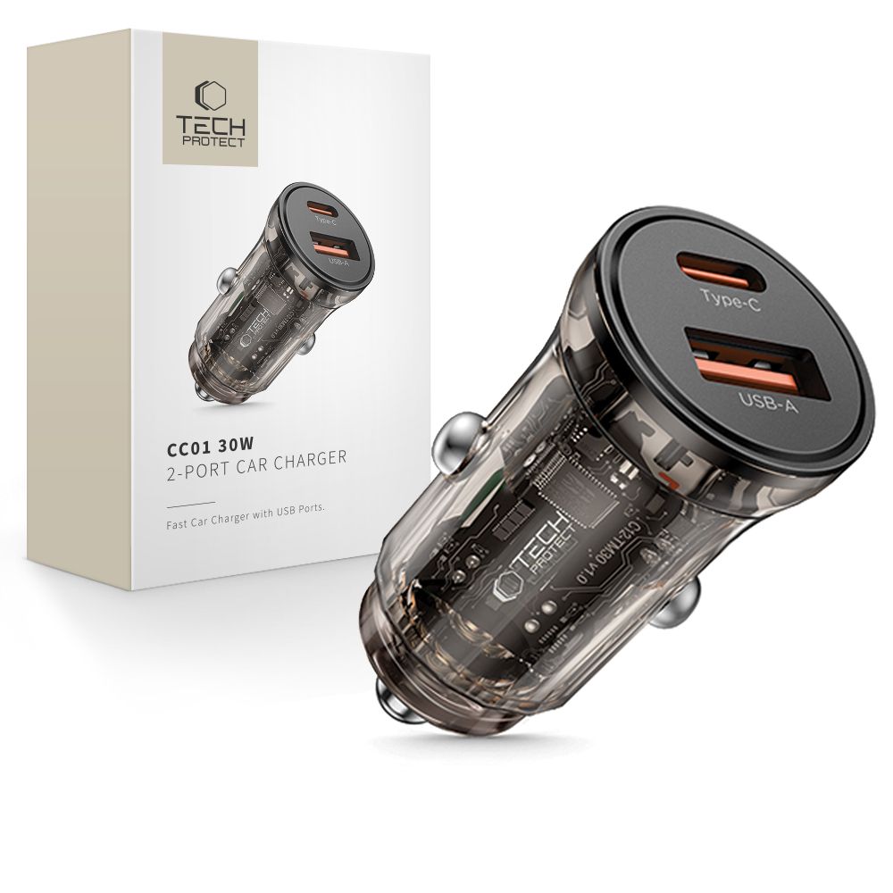 Tech-Protect CC01 billader, 30W, 3A, 1 x USB-A - 1 x USB-C, svart