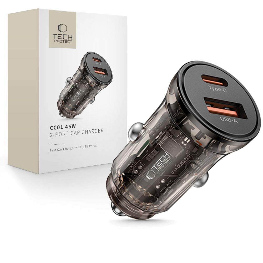 Tech-Protect CC01 billader, 45W, 5A, 1 x USB-A - 1 x USB-C, svart