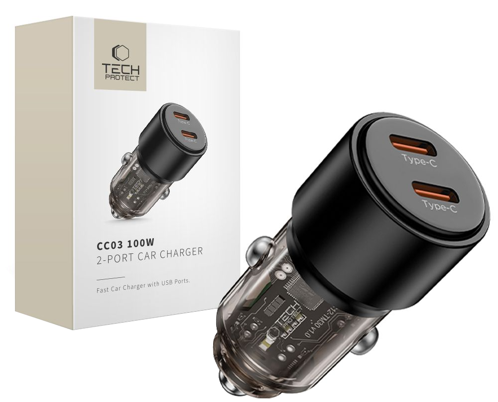 Tech-Protect CC03 billader, 100W, 3,25A, 2 x USB-C, svart