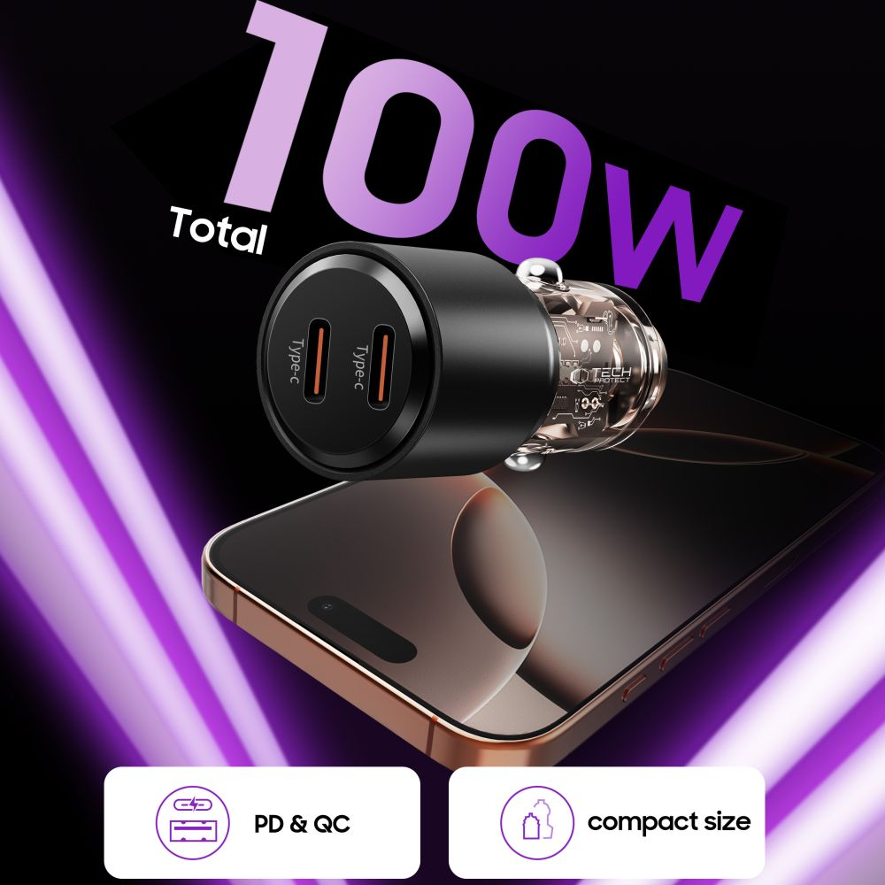 Tech-Protect CC03 billader, 100W, 3,25A, 2 x USB-C, svart