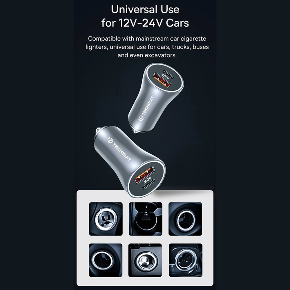 Bilader Techsuit C3 RescueVolt, 48W, 3A, 1 x USB-A - 1 x USB-C, Grå