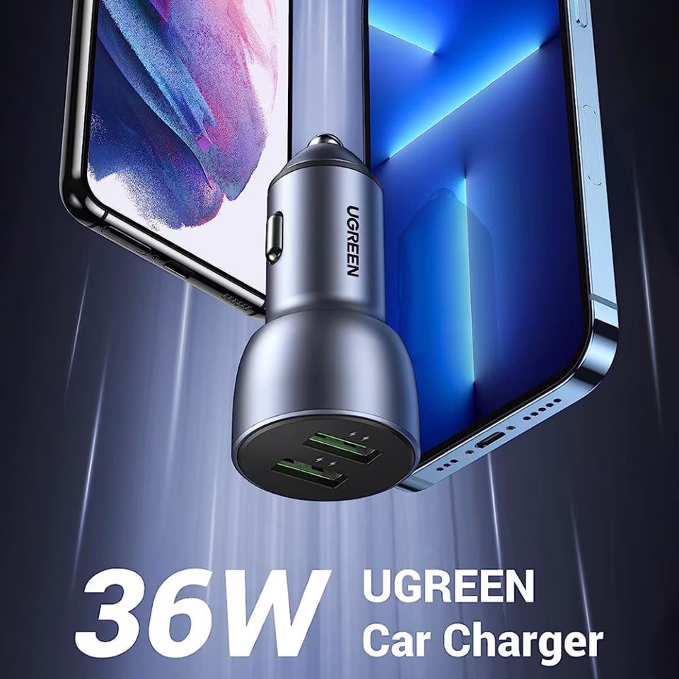 Billadere UGREEN CD213, 36W, 3A, 2 x USB-A, grå 