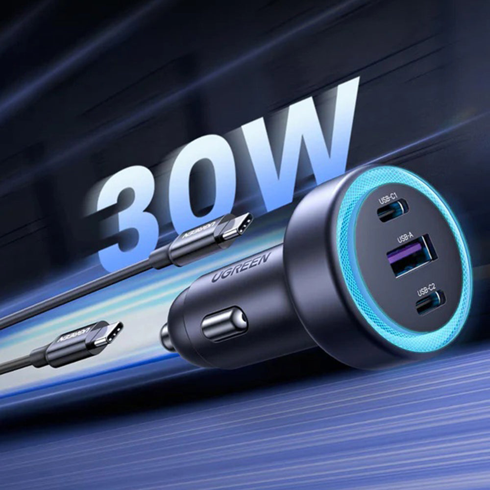 Bilader UGREEN EC307, 30W, 3A, 1 x USB-A - 2 x USB-C, Grå