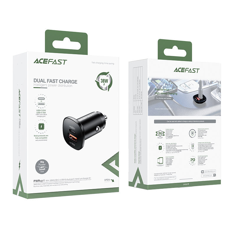 Bilader Acefast B1, 38W, 3A, 1 x USB-A - 1 x USB-C, Svart