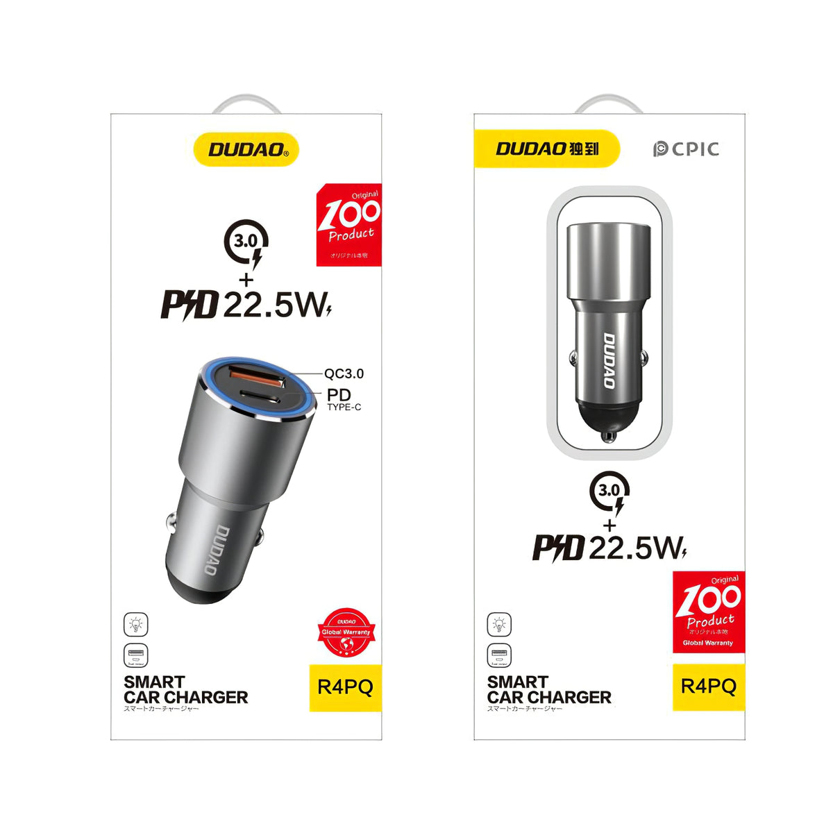 USB Billader Dudao R4PQ, 1 X USB - 1 X USB Type-C, 22,5 W, Quick Charge - Power Delivery, Grå