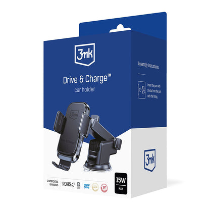 Trådløs Bil Lader 3MK Drive&Charge, 15W, 1.67A, Svart