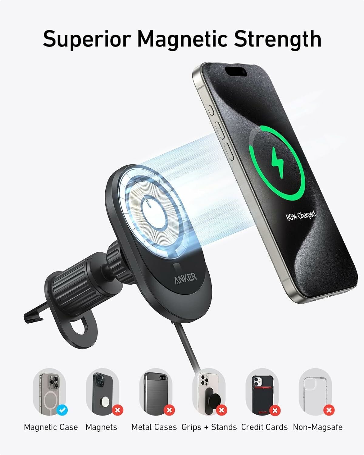 Anker MagGo trådløs bilopplader, 15W, 1.67A, Svart B2932G11