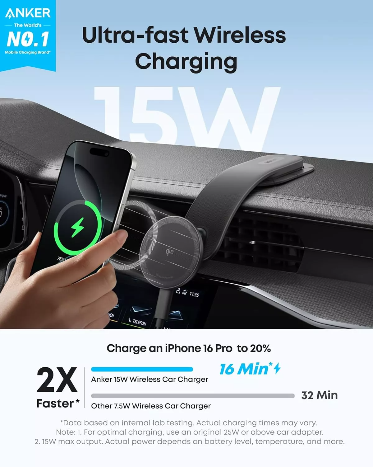 Anker Nano trådløs bilopplader, 15W, 1.67A, Svart B2216H11