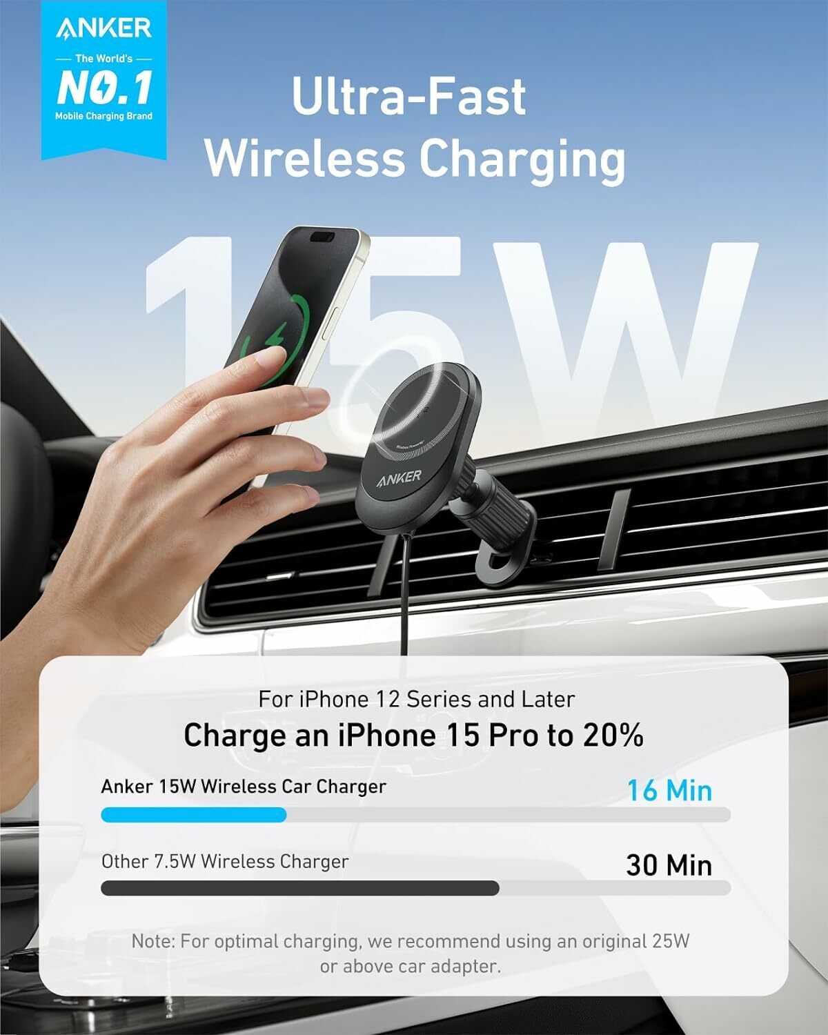 Anker MagGo trådløs bilopplader, 15W, 1.67A, Svart B2932G11