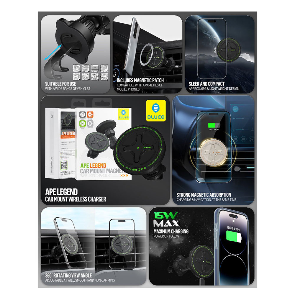 Trådløs Bil Lader Blueo Ape Legend, 15W, 1.67A, Svart