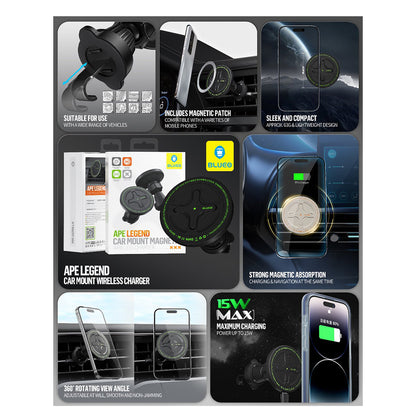 Trådløs Bil Lader Blueo Ape Legend, 15W, 1.67A, Svart