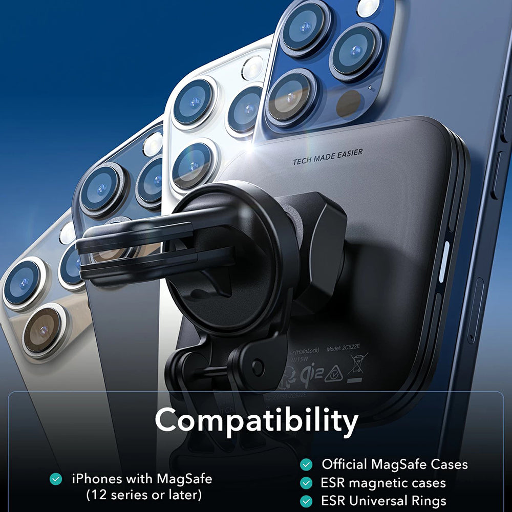 Trådløs Bil Lader ESR HaloLock Vent, 15W, 1.67A, Svart