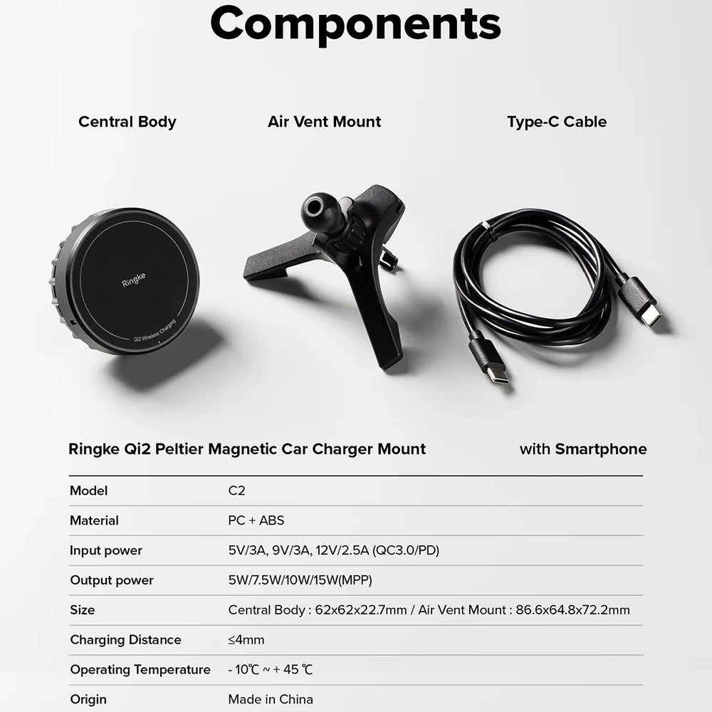 Trådløs Bil Lader Ringke, 15W, 1.67A, Svart