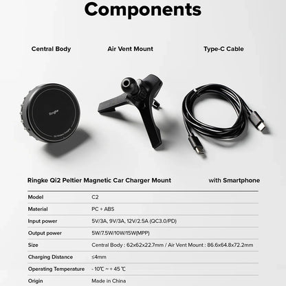 Trådløs Bil Lader Ringke, 15W, 1.67A, Svart