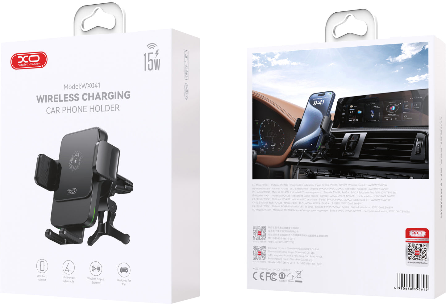 Trådløs Bil Lader XO Design WX041 Vent, 15W, 1.67A, Svart