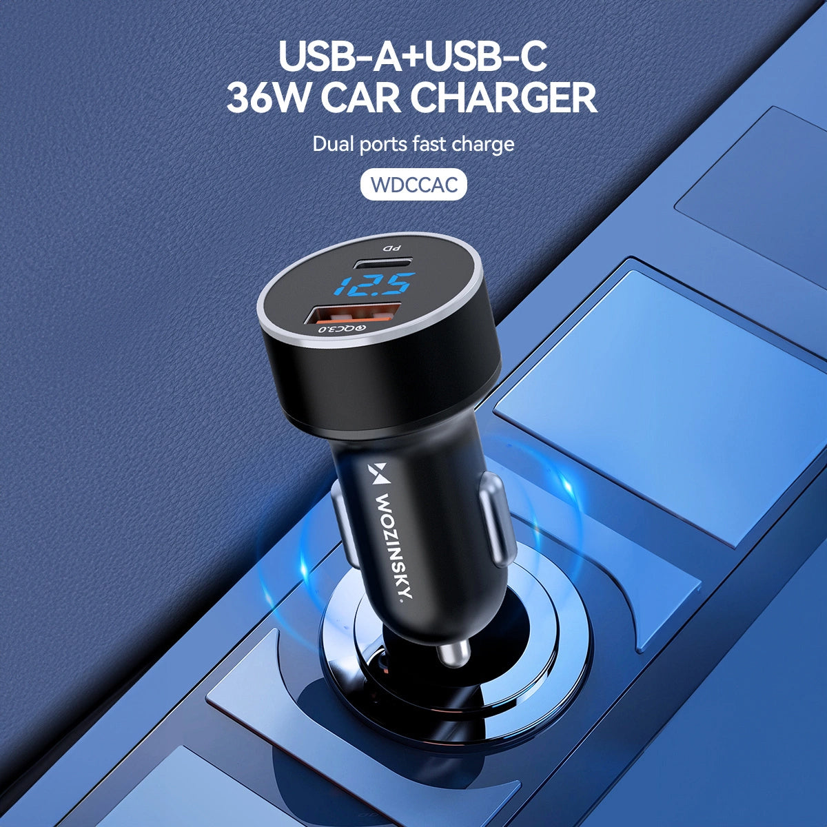 Billader WZK WDCCAC, 36W, 3A, 1 x USB-A - 1 x USB-C, svart 